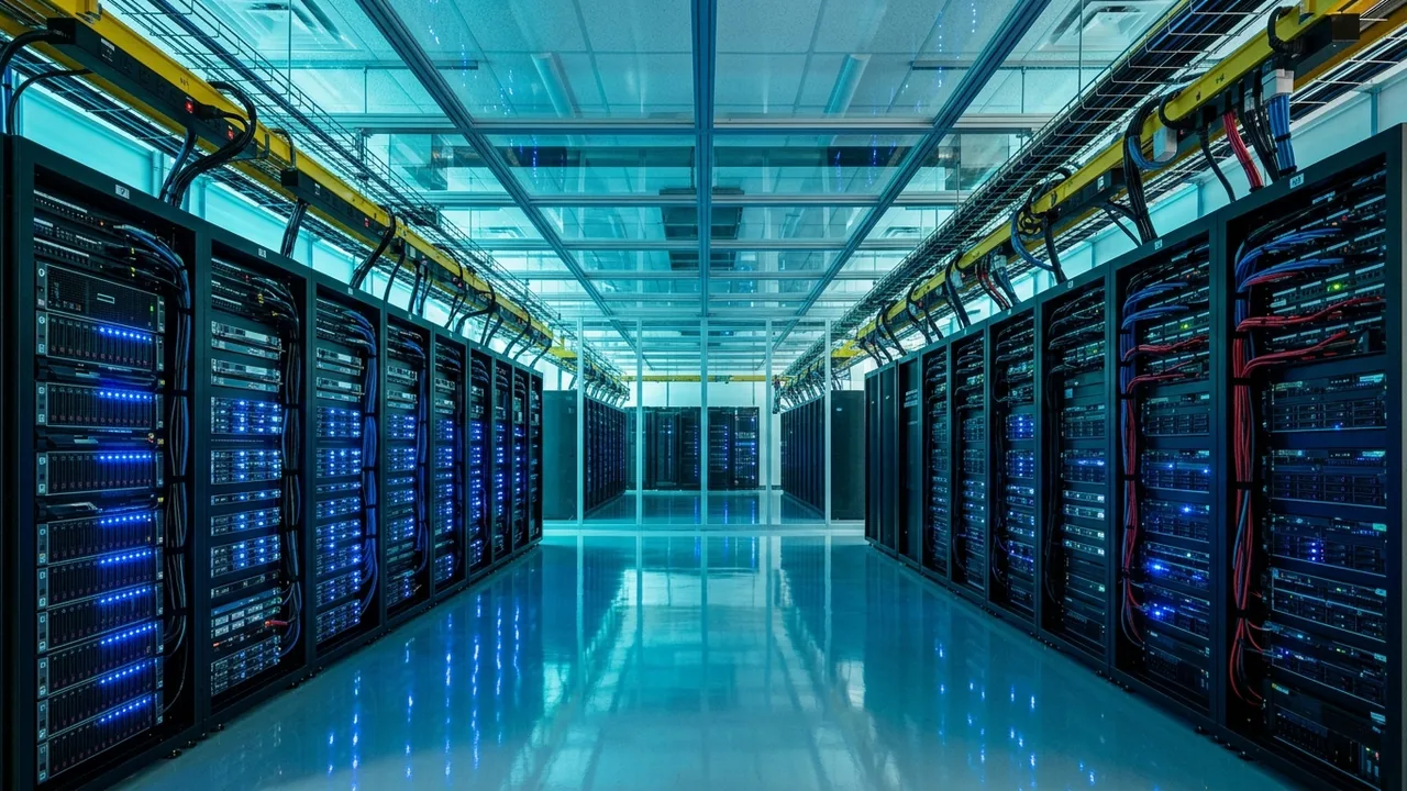 Corredor frio do data center com racks de servidores iluminados