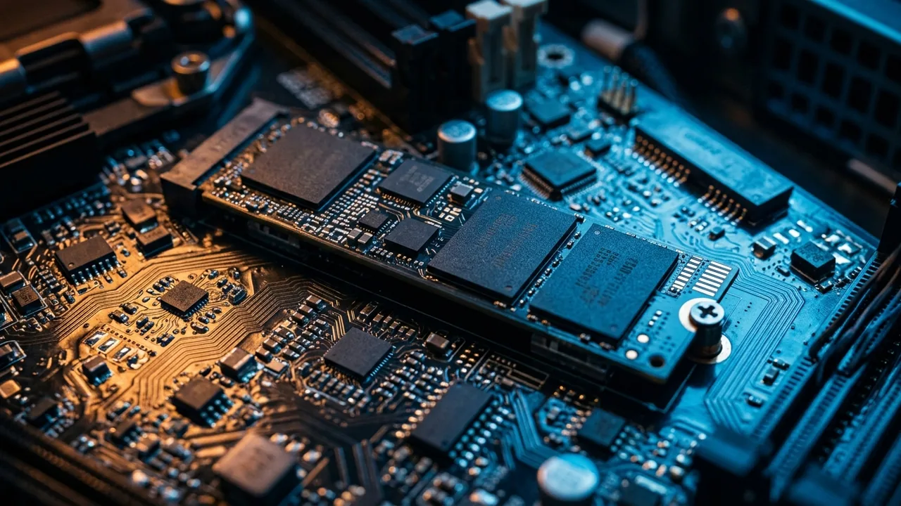 Detalhe macro de um SSD instalado em servidor